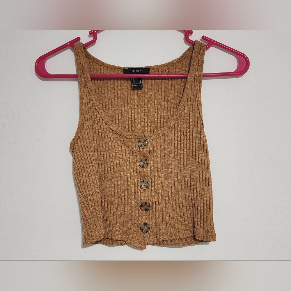 Forever 21 Brown Ribbed Button-Up Crop Top